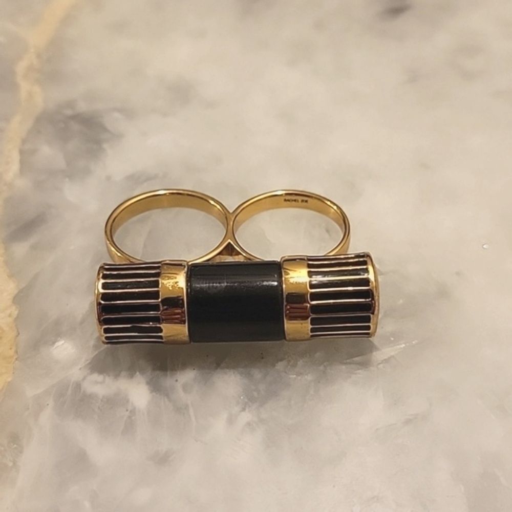 NEW Rachel Zoe Art Deco Multi Finger Barrel Statment Ring 14kt Gold Black Sz 7 8 - Picture 2 of 4